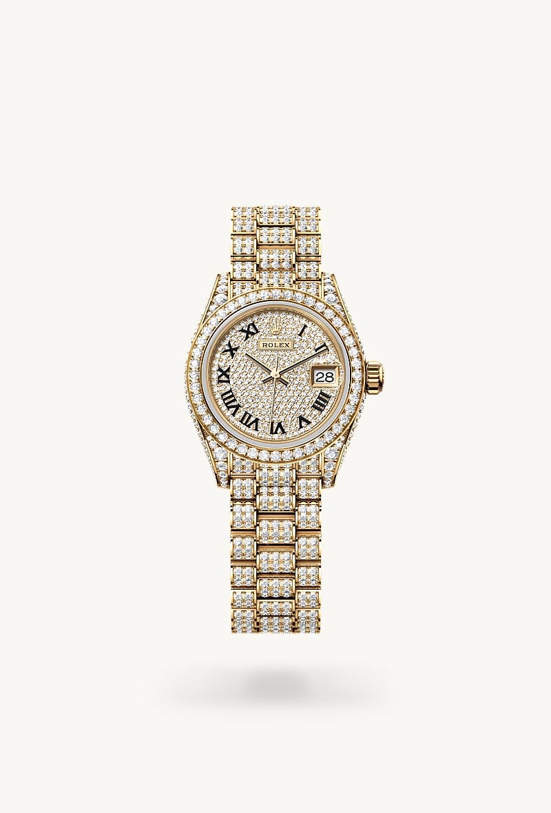 rolex Lady-Datejust de oro amarillo de 18 quilates con flancos de la carrura y asas engastados de diamantes, M279458RBR-0001 - Jael Joyería