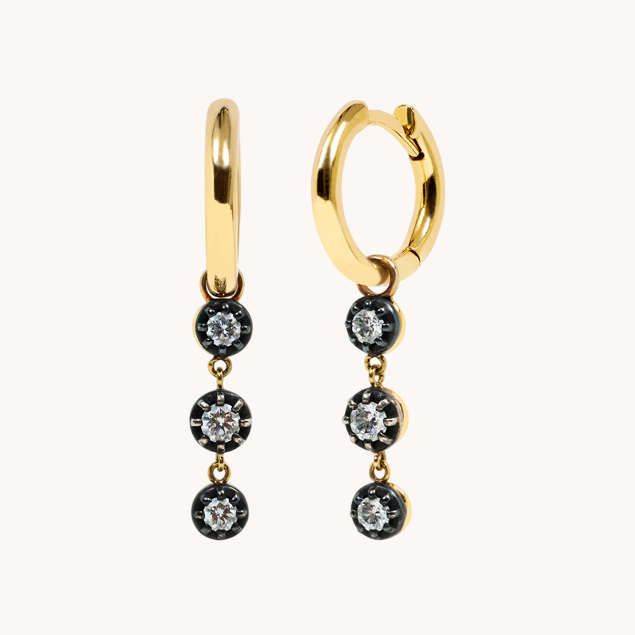 PENDIENTES LEANDRA CRIOLLA 3 DIAMANTES ORO AMARILLO Y PLATA