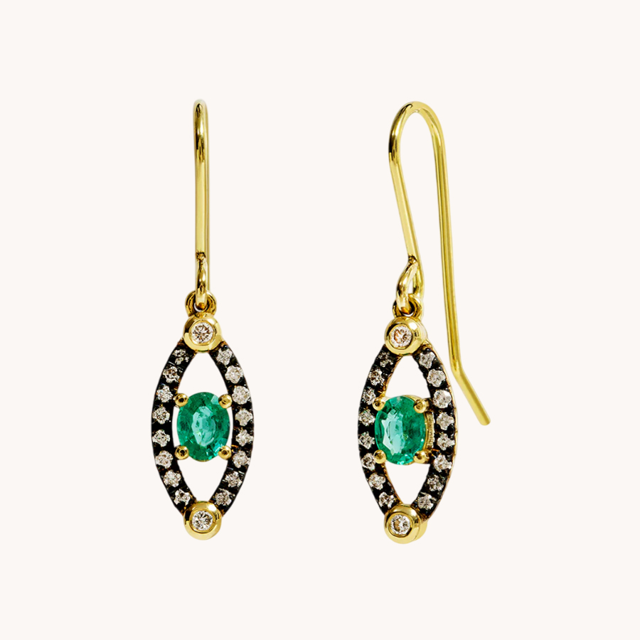 PENDIENTES LEANDRA EYE GANCHO ORO AMARILLO, DIAMANTES Y ESMERALDAS