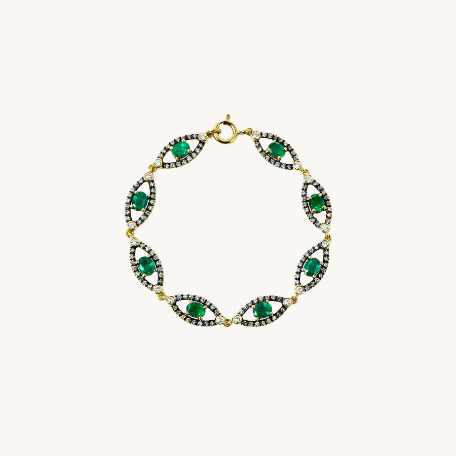 LEANDRA EYE BRACELET YELLOW GOLD, DIAMONDS AND EMERALDS